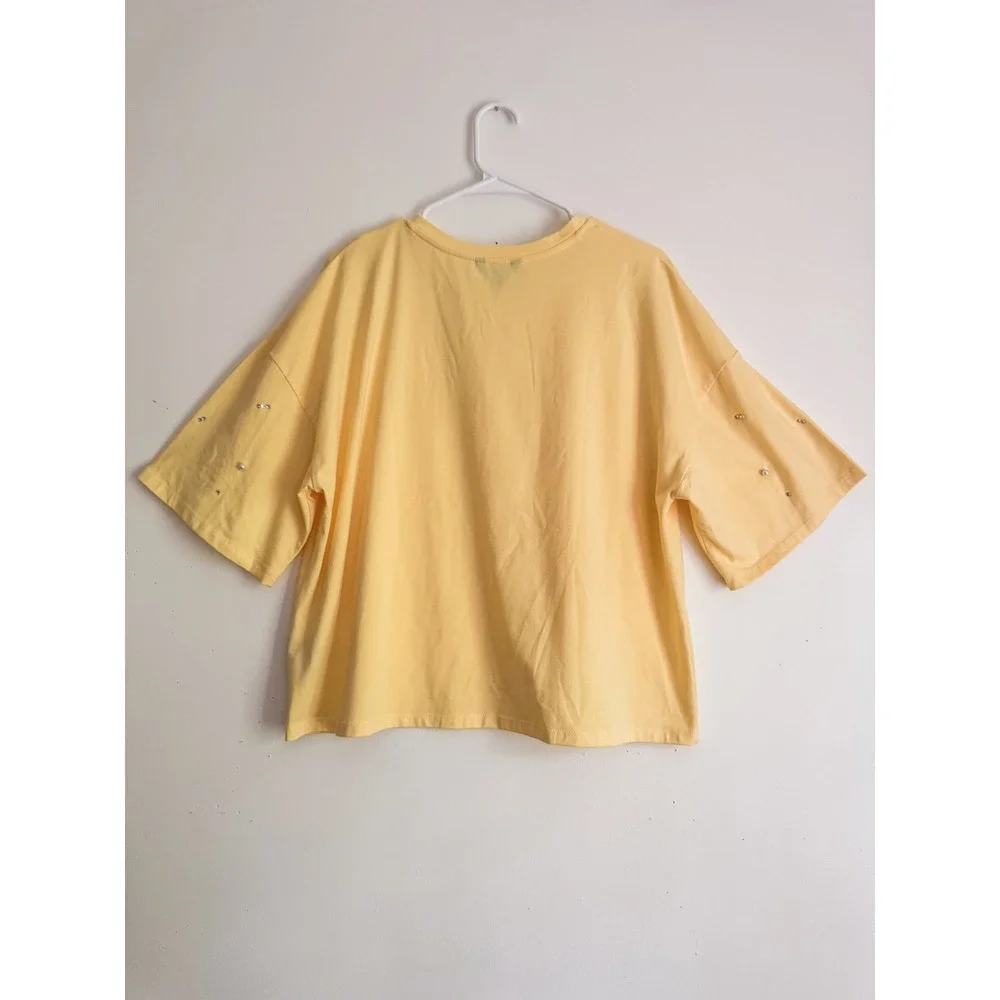 Butter Yellow Jewel Embellished Boxy T-Shirt Faux Pearl Rhinestone 1X